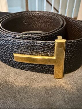 Tom Ford Black Pebbled Leather Belt with Gold T Buckle